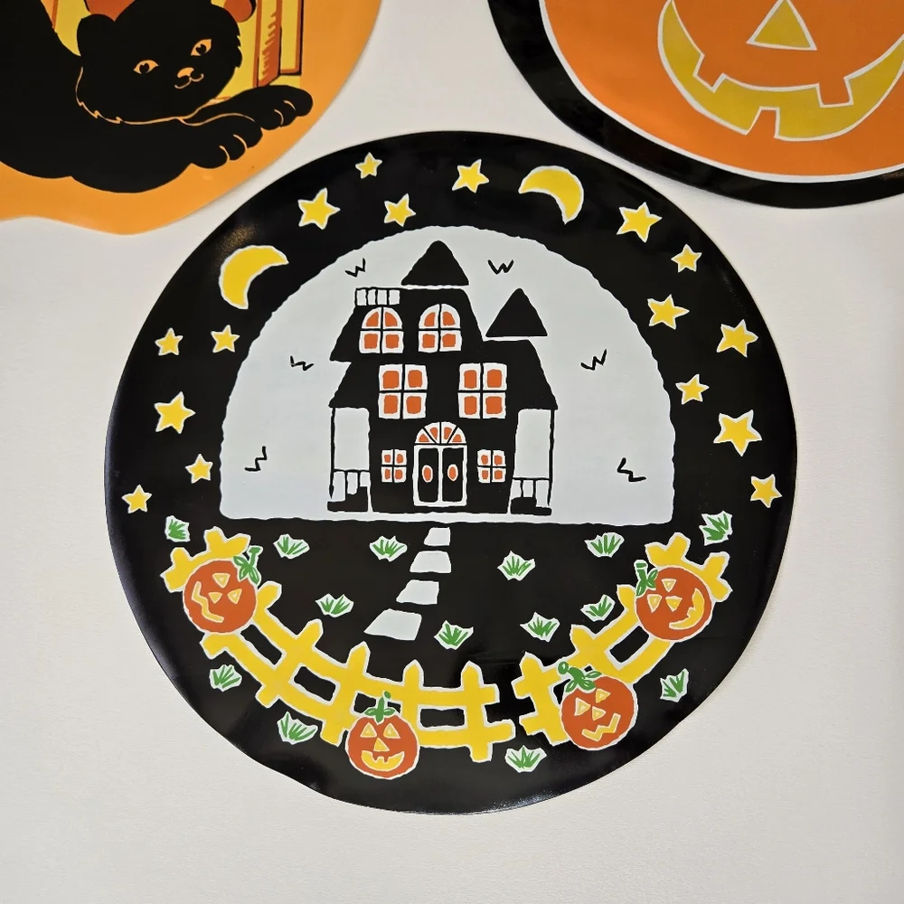 Vtg 80s Vinyl Halloween Placemats Black Cat Spooky Ghost Vinyl Nostalgia Round‎